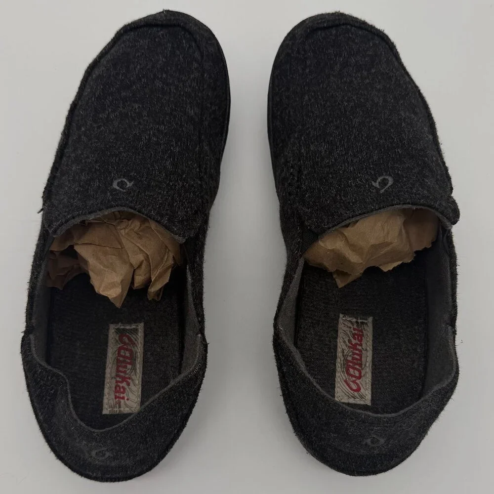 Olukai Moloa Hulu Slippers Mens 10 M Black Gray Wool Slip On Lounge Casual Shoes